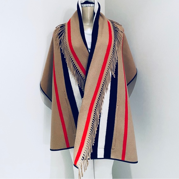 BURBERRY ICON STIPE WOOL CASHMERE JACQUARD WRAP / STOLE. - Picture 3 of 13